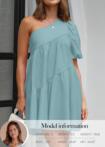 Image of KIRUNDO Summer One Shoulder Mini Baby Doll Dresses Women 2026 Casual Puff Sleeve Loose Tiered A Line Flowy Short Dress