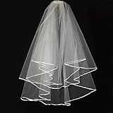 White Wedding Veil,2 Tier Ribbon Edge Center Cascade Bridal Veil with Comb for Bachelorette Party