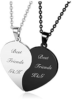 Zysta 2PCS Personalised Matching Heart Puzzle Pendant Necklace Set with 24 inch Chain Couples Customised Pair Yin-Yang His and Hers Couple Necklaces for 2 BFF