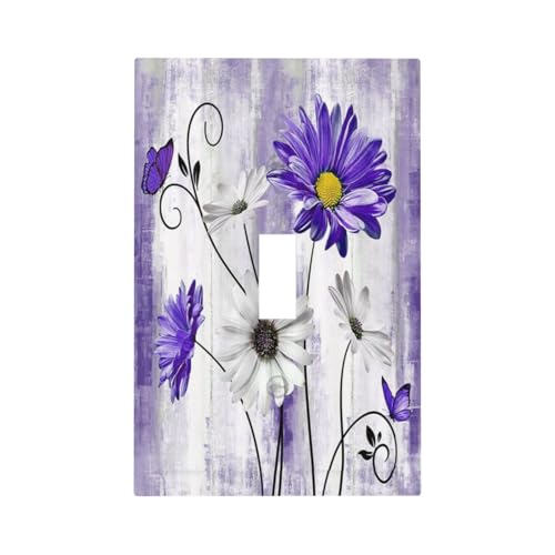 Xuejiaku Placa decorativa para interruptor de luz, rústica, roxo, margarida, borboleta, boémio, branco, floral, 1 banda, tampa de placa de parede com interruptor de alavanca única, tampa de placa