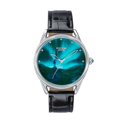 Image of Sonata Poze 8 Quartz Analog Northern Lights Inspired Watch for Unisex with Blue Luminous Dial & Black Leather Strap - SP70100SL02W
