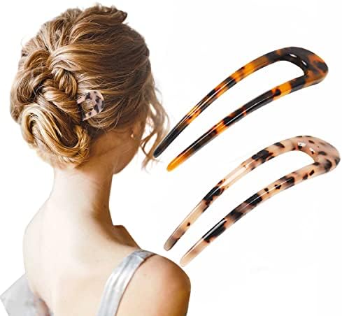 Benefree [Upgraded] French Hair Forks Tortoise Shell U Shape Updo Hair Pins Clips for Thin Thick Hair, 4.72 inch Classic Cellulose Acetate 2 Prong Bun Hair Sticks hair clips Women Vintage Hairstyle Accessories, 2 Pack