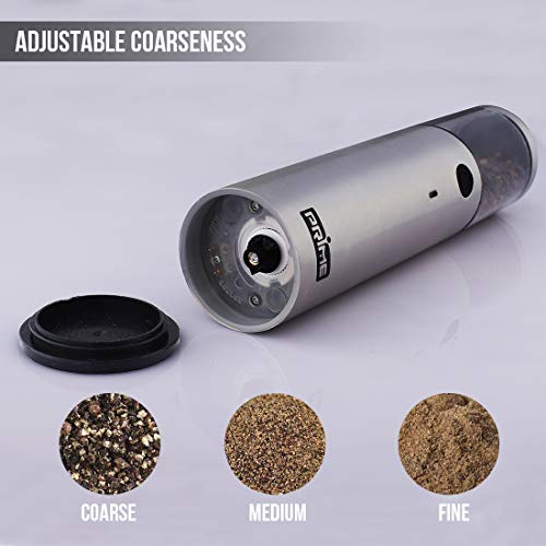 Prime Rechargeable Electric Salt and Pepper Grinder Set (Pack of 2 Mills), with Charging Base, USB Cable, Power Adapter| One-Touch Operation | Adjustable Coarseness | Blue LED Light | Stainless Steel