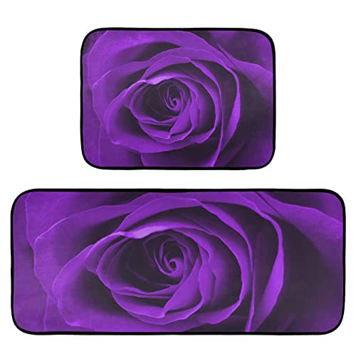 Cataku Valentine's Day Purple Rose Kitchen Rugs Sets Of 2 Non Slip Kitchen Mat Polyester Area Rugs Set Floor Mats Washable Carpet Mat Comfort Standing Mat For Kitchen Laundry Sink Office #TOP4