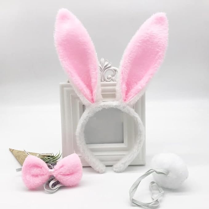 Girls Party Rabbit Bunny Ears Hair Hoop Headband Bowtie Tail Set White with pink 1 Set is 3 Pcs