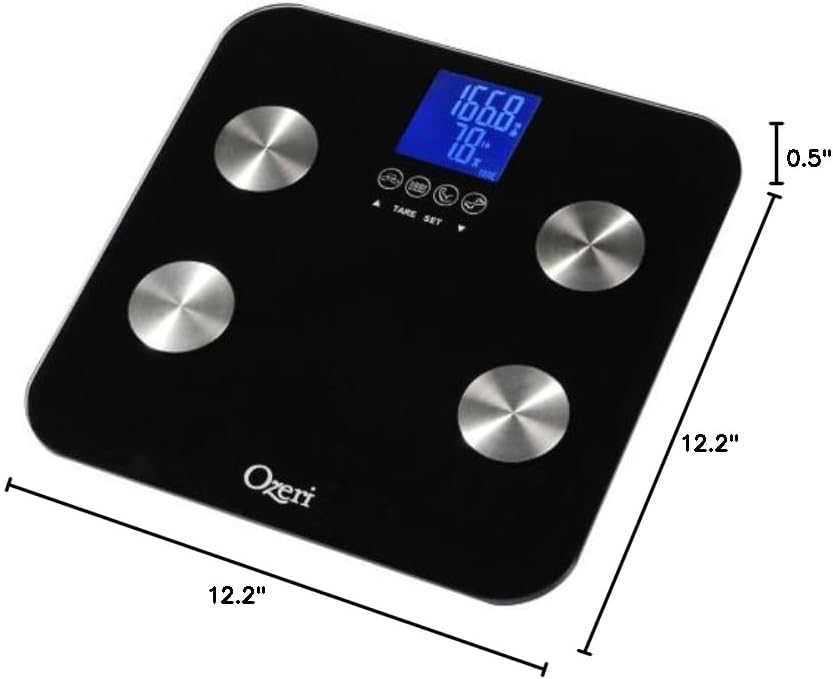 Diagram showing the dimensions of the Ozeri Touch scale: 12.2 inches by 12.2 inches, and 0.5 inches thick