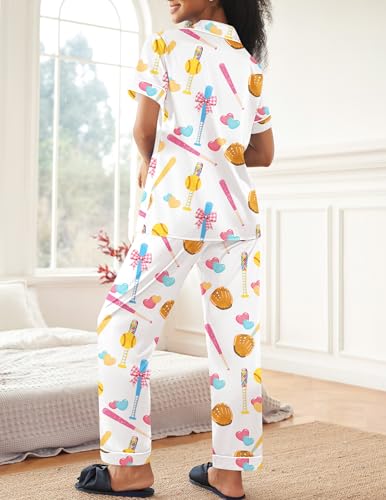 Ekouaer Womens Silky Satin Pajamas Set Short Sleeve Button Down Sleepwear 2 Piece Lounge Set Pj Set Baseball X-Large — view 5