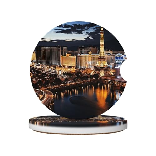 Las Vegas Night View Car Coasters for Cup Holders,2 Pack Absorbent Ceramic Car Cup Coaster with Anti Slip Cork Base,2.56" Car Cup Holder Coaster Set Drink Coasters for Women Men