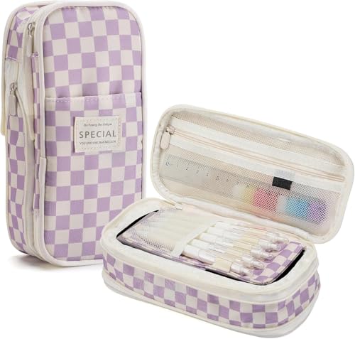 Pencil Case Expandable Cute Checkerboard Pencil Pouch Large Capacity for School Office College Stationery Storage Bag Box Holder for Student Teen Girls Boyd Back to School Gifts (Purple)