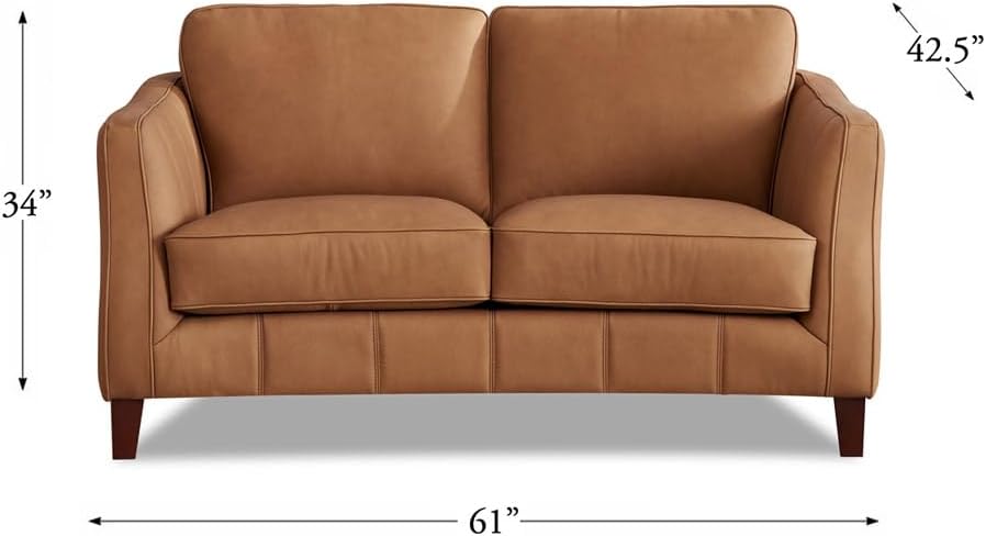 Hydeline Aria Top Grain Leather Loveseat, Saddle, Feather Down, Memory Foam and Springs Seating