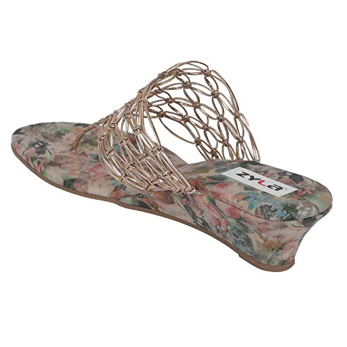 Image of Zyla Women Rose Gold Woven Design Wedges