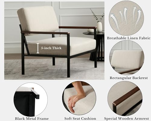LIVINOVA Mid Century Modern Accent Chairs Set of 2, Beige Linen Upholstered Armchairs with Black Metal Frame, Comfortable Lounge Reading Chairs for Living Room, Bedroom, Office Reception