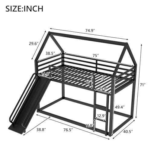 Morhome Metal Junior House Low Bunk Bed Twin Over Twin with Slide and Ladder, Montessori Floor Bunk Bed Frame with Full-Length Guardrail, Noise Free