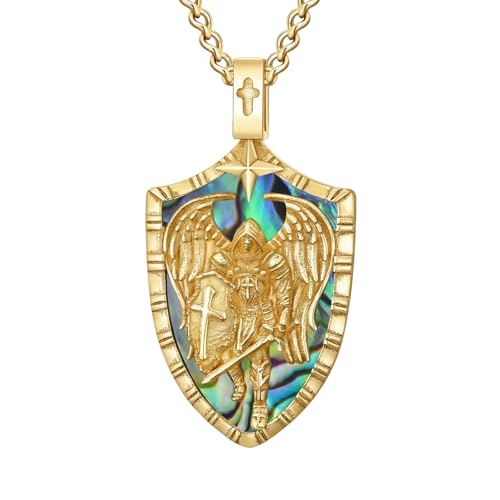 WINNICACA Archangel St Michael Necklace with Abalone Shell 925 Sterling Silver Gold Plated Saint Michael Pendant Protect Us Shield Necklace Amulet Jewelry Birthday Fathers Mothers Day Gifts for Men Son Dad
