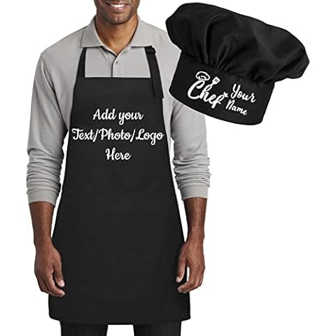 LAOKEAI Personalised Apron and Chef Hat Set,Baking BBQ Cooking Kitchen Aprons with Pockets,Adjustable 1 Size Fits up to3XL,Custom Add A Name Apron for Men and Women,Cooking Gift Cover