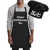 Party-rainday Personalised Apron and Chef Hat Set, Baking BBQ Cooking Kitchen Aprons with Pockets, Adjustable 1 Size Fits up to3XL, Custom Add A Name Apron for Men and Women, Cooking Gift(Black)