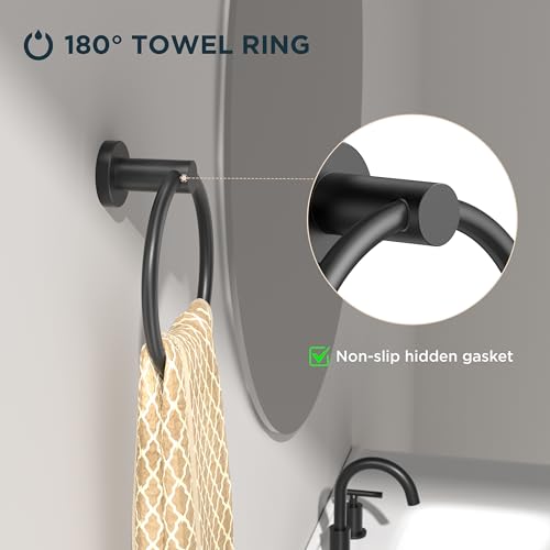 Image of FORIOUS Towel Ring, SUS304 Stainless Steel Modern Hand Towel Holder Rack Hanger Round for Bathroom Wall Mounted, Ideal for Bath, Kitchen, RV (2 Pack, Matte Black)