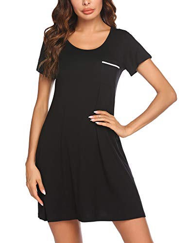 Ekouaer Women's Cotton Nightgown Sleepwear Short Sleeves Shirt Casual Print Sleepdress Black S