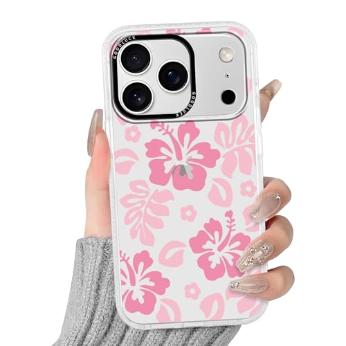 RUMDEY Clear Hibiscus Flower Case for iPhone 17 Pro 6.3", Cute Preppy Floral Crystal Pattern Aesthetic Design Soft Slim Anti-Yellow Protective Shockproof TPU Phone Cover for Women Girls - Pink