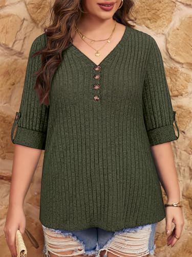 Image of Koscacy Women Plus Size V Neck 3 /4 Roll Sleeve Sweater Casual Knit Tops Solid Color Blouses