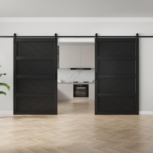 Image of 96 inchx84 inch Black Waved Barn Door with 16 FT Track Kit & Handle & Floor Guide | Pre-Drill Holes Double Barn Door For Easy Assembly, Solid Core Wood Sliding Barn Door for Water-Resistant & Sound Reduction