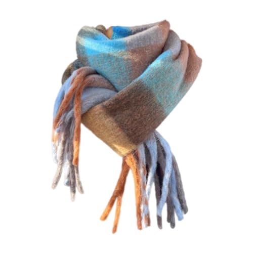 Gewebter Damen-Strickschal mit buntem Karomuster und langen, dicken Fransen, warmer Winter Mit Schal Und Krawatte (Sky Blue, One Size)