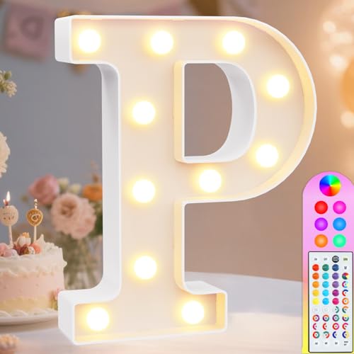 Image of Pooqla Colorful Light Up Letters with Remote, Upgraded 35 Colors LED Marquee Letters, RGB Lighted Letter for Girls Teenager Gift, Birthday, Party, Wedding, Night Light, Room, Bedroom Decor, Letter P
