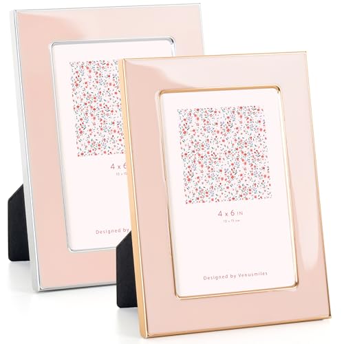 4x6 Enamel Picture Frame Set, Gold & Silver Edge, Pink Enamel, 2pcs