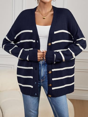 Womens Oversized Cute Striped V Neck Button Long Cardigan Fall 2024 Lightweight Ribbed Knit Sweater Cardigans2