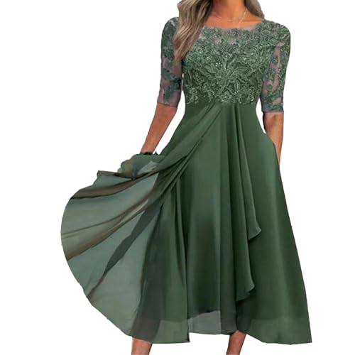 Women's Chiffon Mother of The Bride Dresses Lace Flowy Maxi Dress Half Sleeve Formal Party Wedding Guest Dress WH92