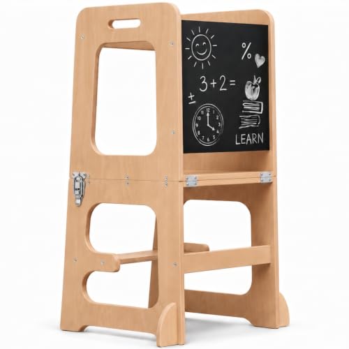 Image of Avenlur Date 4-in-1 Foldable Tower - Toddler Step Stool with Chalkboard, Desk and Chair - Montessori and Waldorf Style Stool for Ages 18 Months to 6 Years | Convertible Kitchen Learning Tower, Toddler Step Stool for Kitchen Counter, Montessori Helper Tower, Toddler Desk and Chair