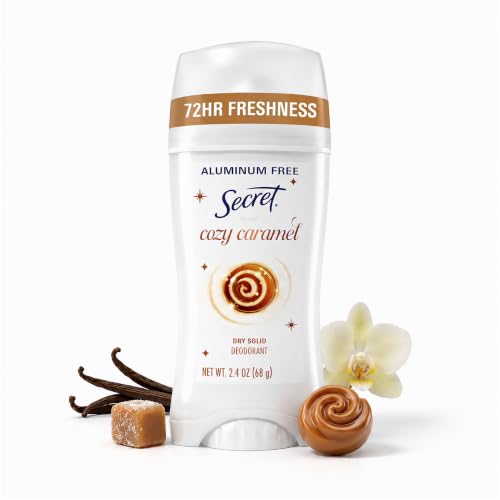 Image of Secret Aluminum Free Deodorant for Women, 72hr Magnesium Odor Protection with Pro-Hyaluronic Acid, PH Balancing Minerals, Holiday Dry Solid, Cozy Caramel Scent, 2.4 oz