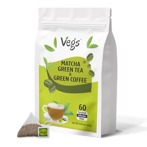 And Green Coffee Arabica Bean, 60 Pyramid Infusion Bags &ndash; Super Greens Energy & Antioxidants - For Hot Or Cold Coffee, & Latte