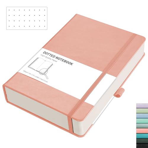 RETTACY A5 Bullet Dot Grid - Dotted Notebook With 320 Numbered Thick Journal Leather Hardcover 100gsm Paper Pen Holder, Inner Pocket, 2 Free Journal Stencils 14.5 x 21cm - Pink