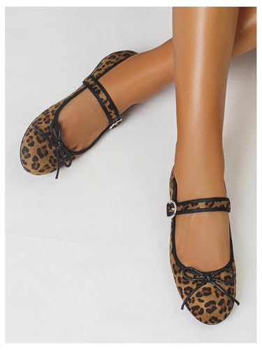Milumia Women's Leopard Bow Knot Velvet Ballet Flats Mary Jane Round Toe Buckle Flat Shoes3
