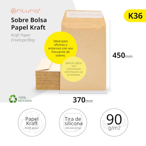 Kraftpapier-Umschläge, Umschläge für Dokumente, Geschenke, Hochzeitseinladungen und Versand, Robuste und Vielseitige Papiertüten für Gelegenheiten, large envelope - Ofituria (370x450, 50 Stück)