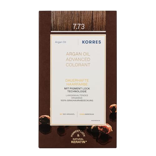 KORRES Argan Oil Colorant - tinte sin amoníaco con aceite de argán orgánico Moca Dorada 7.73-100% cobertura de canas & vegano para un resultado de color duradero