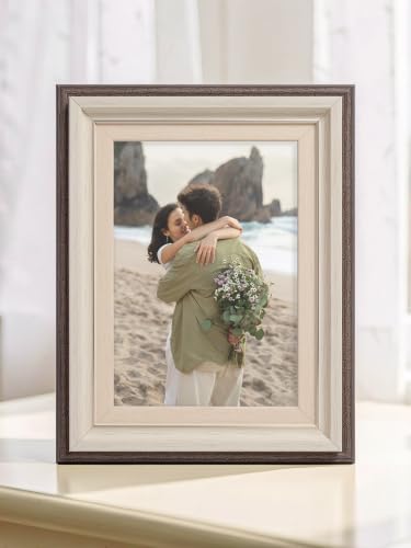 Image of GOLDEN PEACOCK Vintage Style 5x7 Inch Picture Frame | Rustic Brown & Ivory PVC Frame with Glass | Wall Hanging & Tabletop | Indoor Display