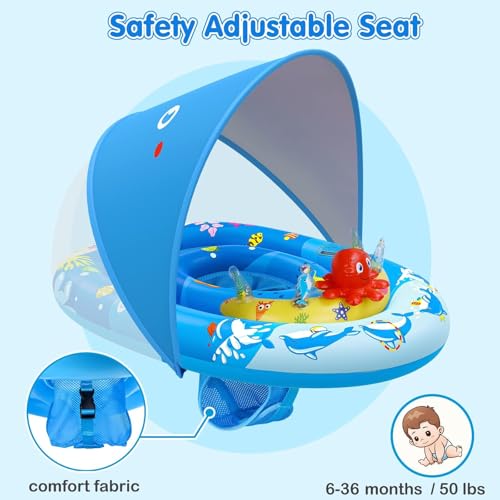 ezigo baby pool float with canopy upf50 sun protection inflatable kids pool floats with ocean animal toys for baby 6-36 months infant swimming float with adjustable safety seat for boys girls
