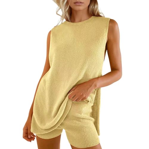 Kioxiuin Women's Casual 2 Piece Set Summer Sleeveless Knit Pullover Top Matching Shorts Beach Vacation Outfits,Beige,XS