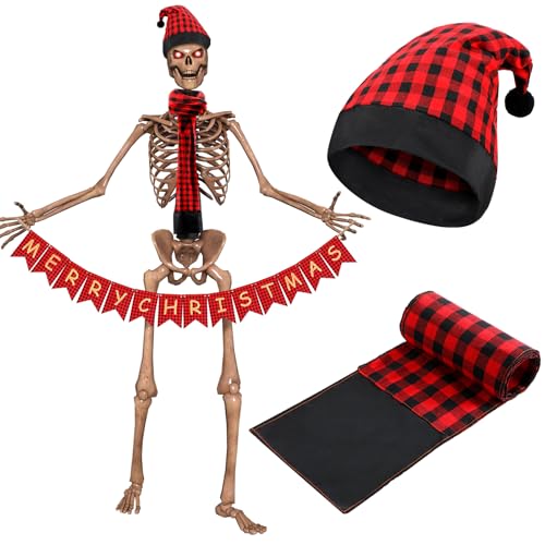 Cozypower 3 Pcs 12 ft Skeleton Christmas Accessories Outfit 44 Inch Giant Santa Hat and Scarf with Handheld Buffalo Plaid Merry Christmas Banner Xmas for 12 ft Skeleton Clothes(Red and Black) by Cozypower - Used condition - US$16.54