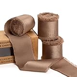 KEOSREE Brown Silk Satin Ribbon,Dark Champagne Frayed Silk Ribbon for Bridal Flower Bouquet Christmas Gift Wrapping Wedding Decor Invitations Decorations 1.5