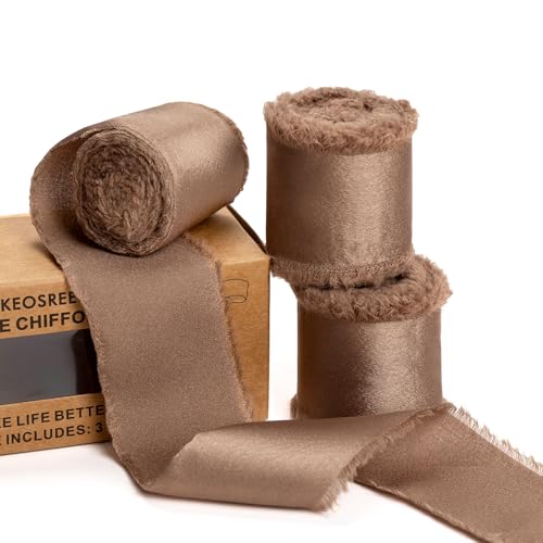 KEOSREE Brown Silk Satin Ribbon,Dark Champagne Frayed Silk Ribbon for Bridal Flower Bouquet Christmas Gift Wrapping Wedding Decor Invitations Decorations 1.5