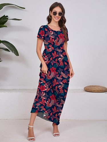 Image of DEARCASE Maxi Dress for Women Short Sleeve Casual Summer Loose Plain Comfy Long Dresses with Pockets
