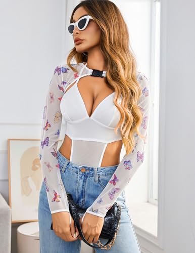 Image of Avidlove Rave Outfits for Women Festival Sexy Lingerie Bodysuit 2 Piece | Buckle shrug crop top halter bodysuit set, snap closure, breathable mesh, for concerts and club nights