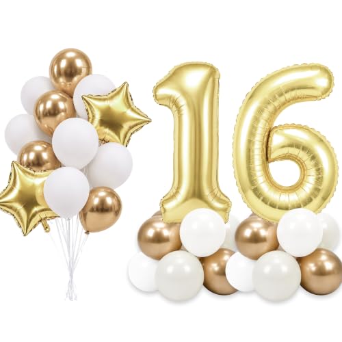 Image of PartyWoo Gold Number 16 Balloon 40 Inch 33pcs Metallic Gold Foil Star White