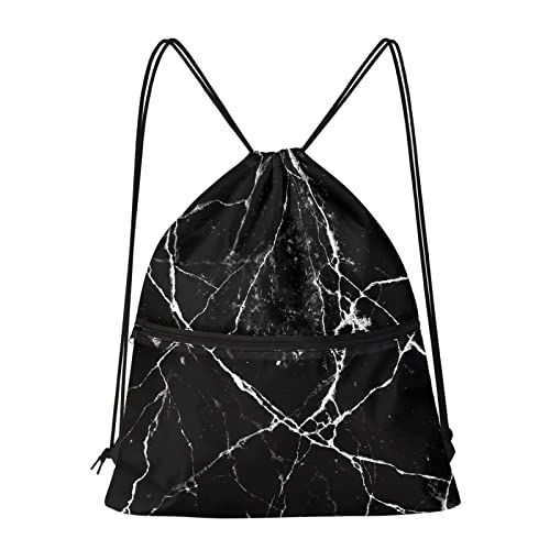 Binienty Moda deporte lazo mochila gimnasio bolsa natación PE bolsa para mujeres hombres niños, Estampado de mármol negro Cover