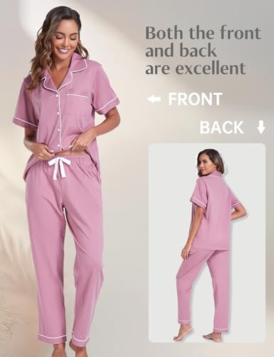 Image of COLORFULLEAF Women's 100% Cotton Pajamas Set Button Down Sleepwear Short Sleeve Shirt and Long Pants Soft Ladies Lounge Sets