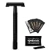 QSHAVE Double Edge 4 inch Long Handle Safety Razor Twist Butterfly Open Matte Black Steel Coating (1 Razor + 5 pcs Titanium Coated Blades + Leather Travel Case)