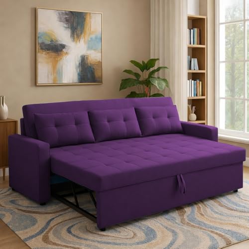 Image of Emilio 3 Seater Pull-Out Sofa Cum Bed (Purple Color) Premium Fabric Sofa Set for Living Room | Bedroom